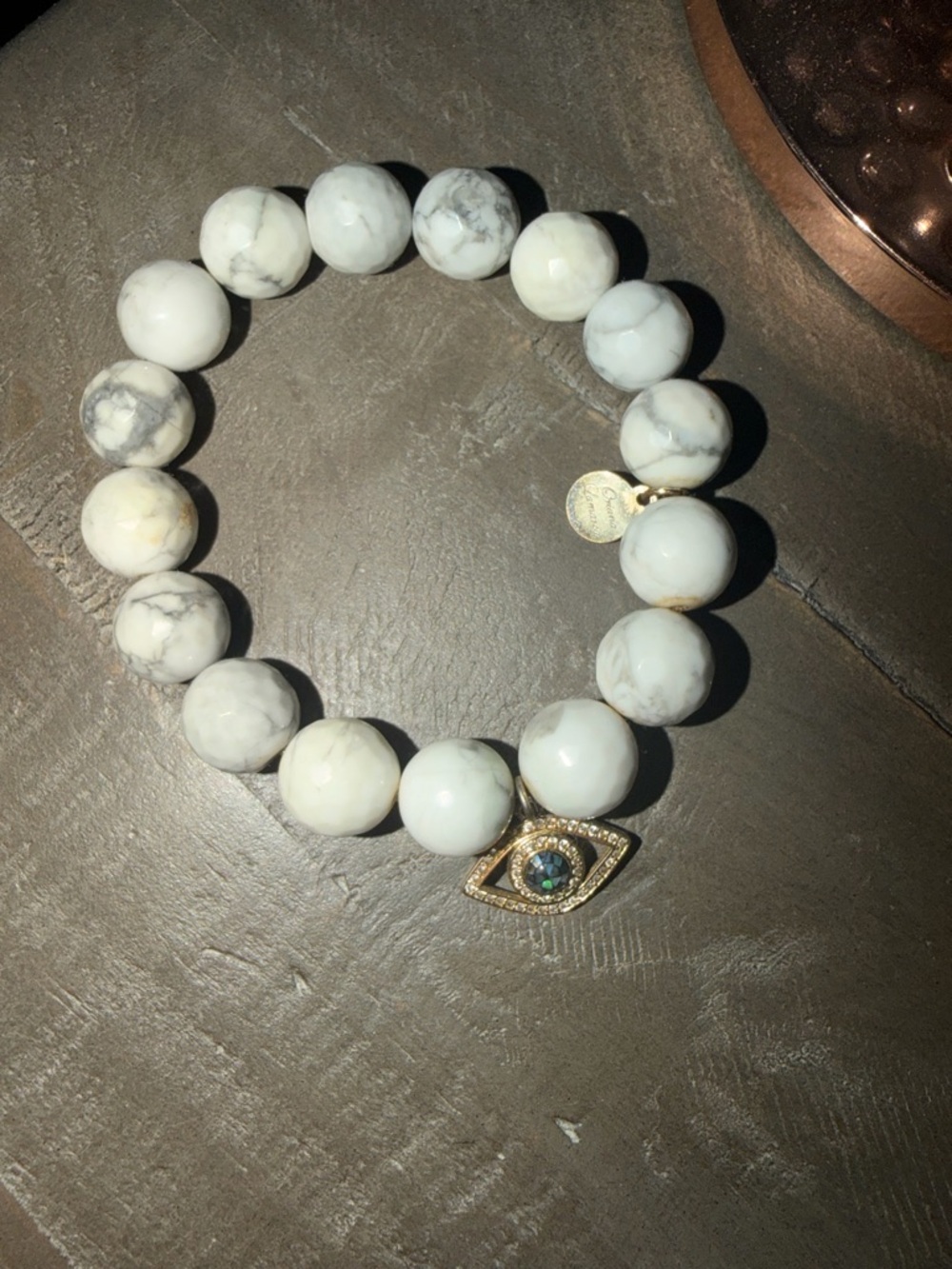 Beaded White Howlite Bracelet with Gold Evil Eye Charm